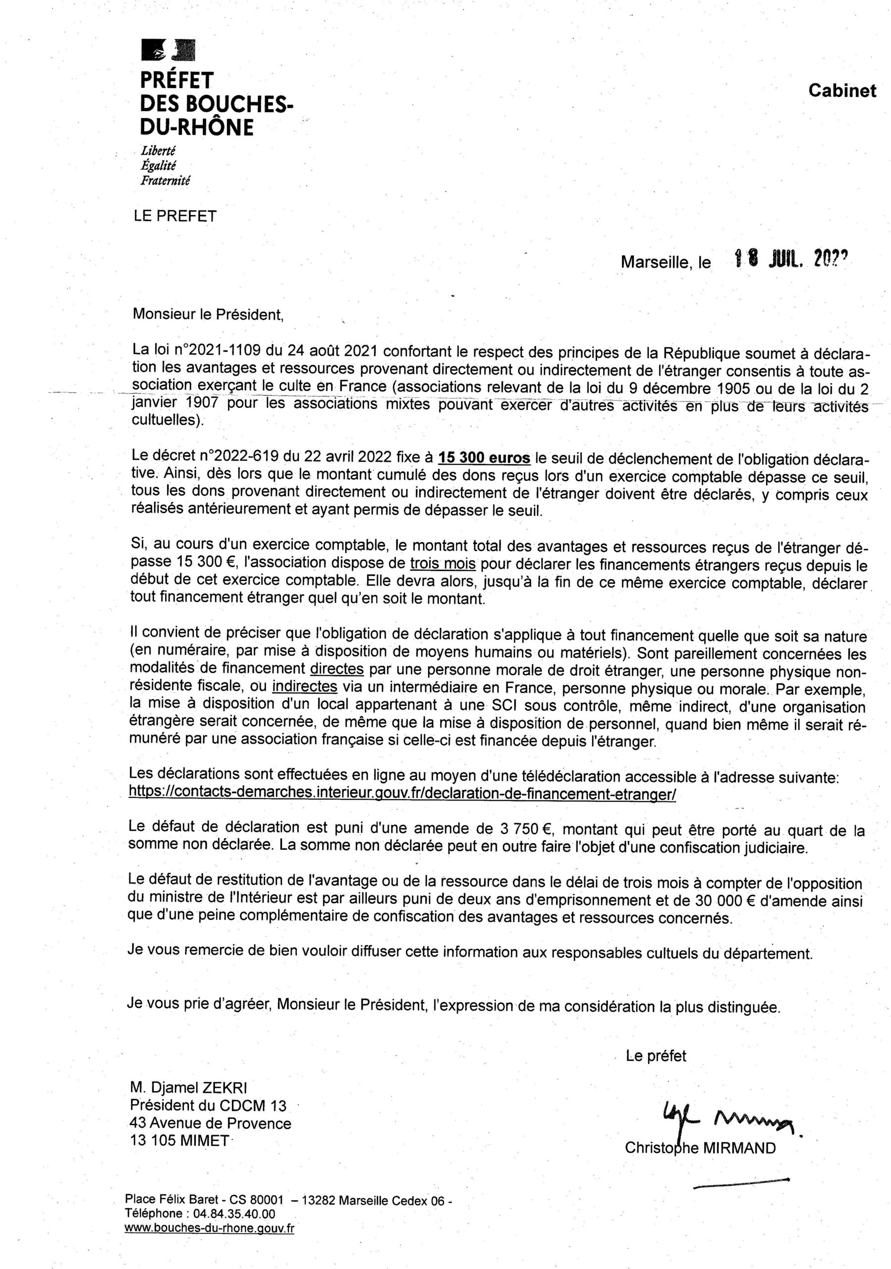 courrier prefet financement etranger